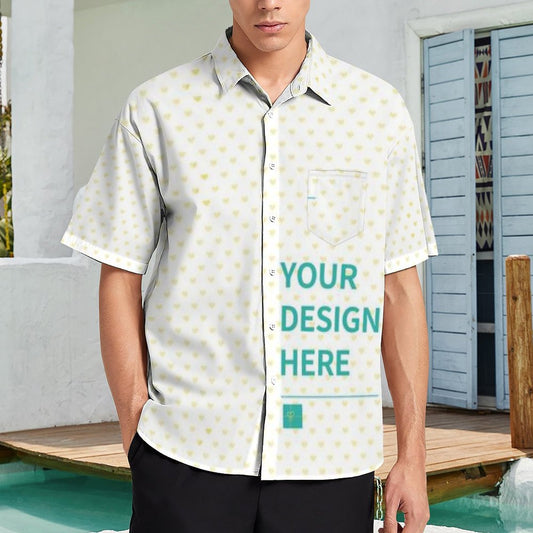 Custom short sleeve shirt with heart pattern. Personalized casual button down, 'YOUR DESIGN HERE' text.