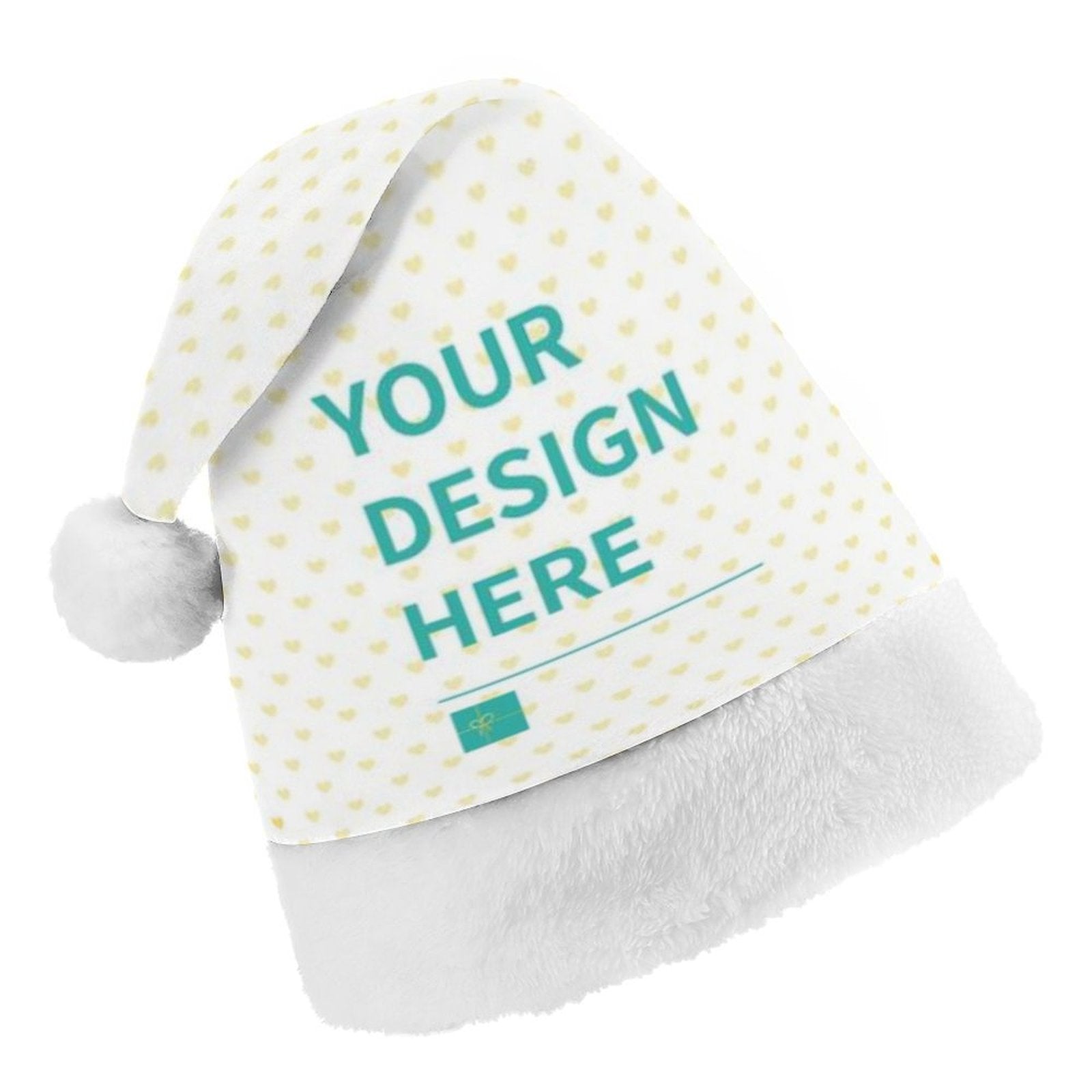 Personalized Xmas Santa Hat featuring 'Your Design Here' with heart pattern, perfect for holiday parties and gift-giving.