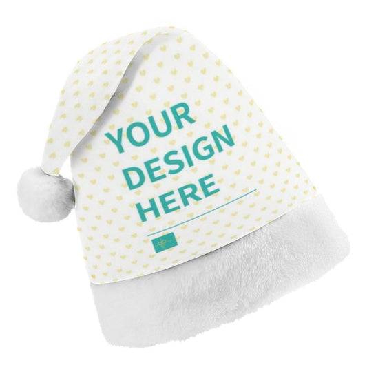 Personalized Xmas Santa Hat featuring 'Your Design Here' with heart pattern, perfect for holiday parties and gift-giving.
