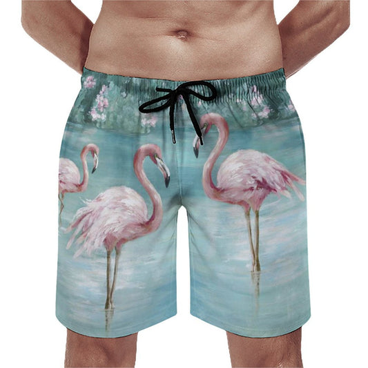 Men's Flamingo Swim Trunks - Quick-drying, Hawaiian beach board shorts for men