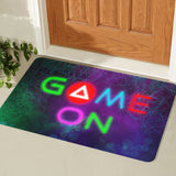Game On doormat, rubber entrance mat with neon game design for home decor and indoor/outdoor use.