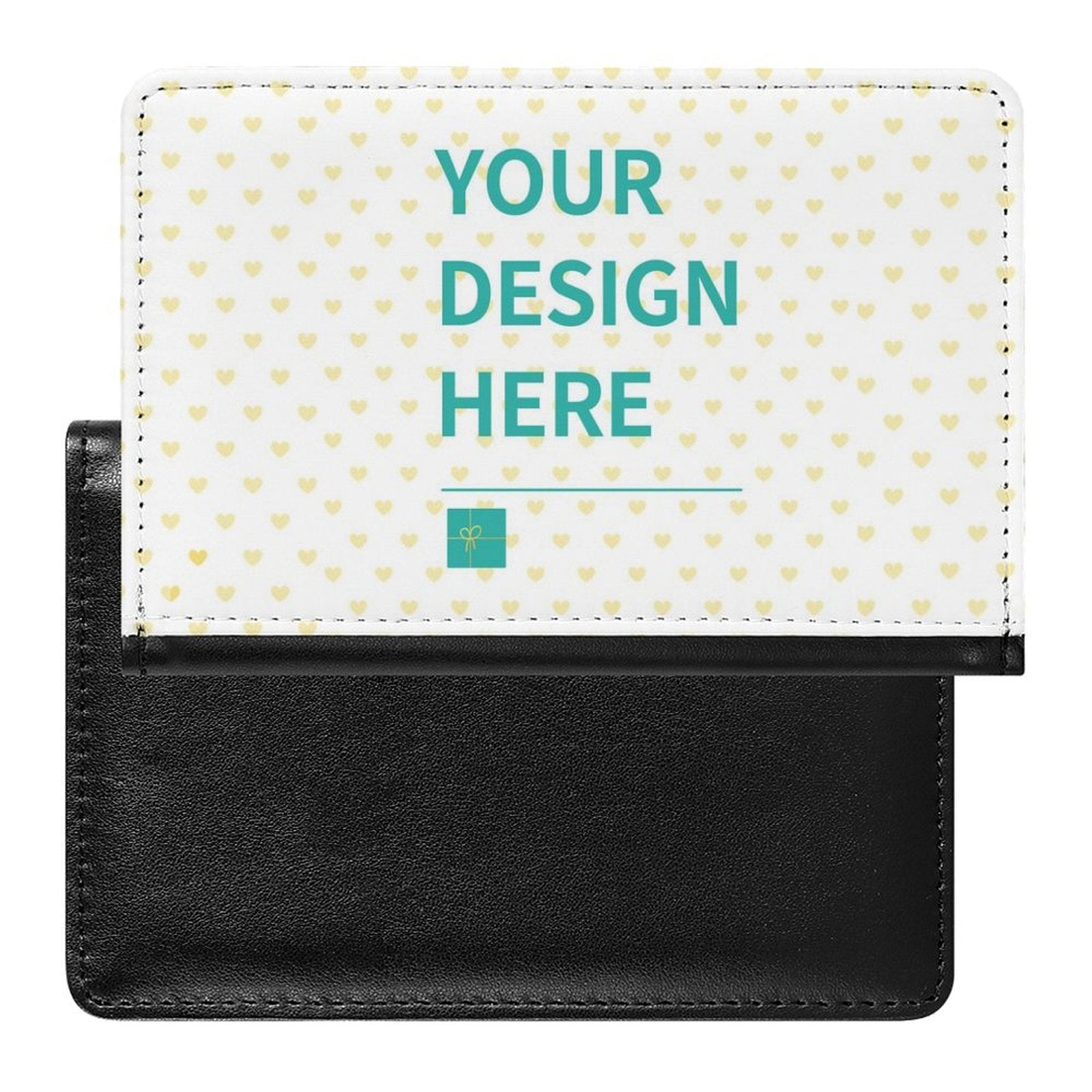 Customizable passport holder with 'Your Design Here' text, black PU leather travel gift