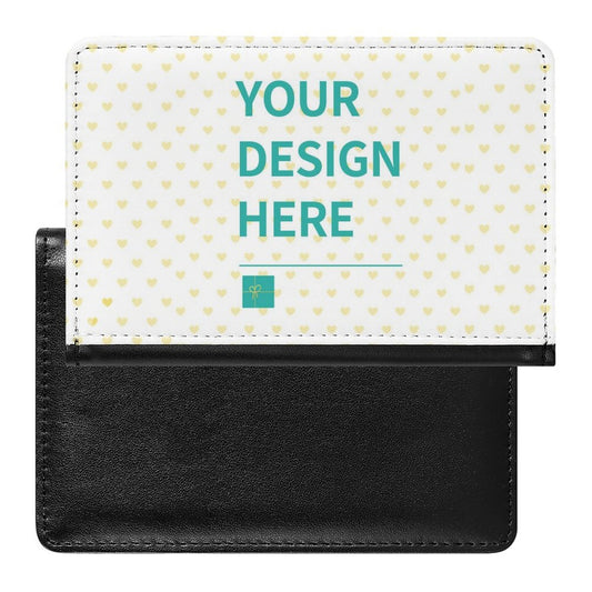 Customizable passport holder with 'Your Design Here' text, black PU leather travel gift
