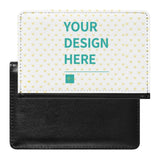 Customizable passport holder with 'Your Design Here' text, black PU leather travel gift