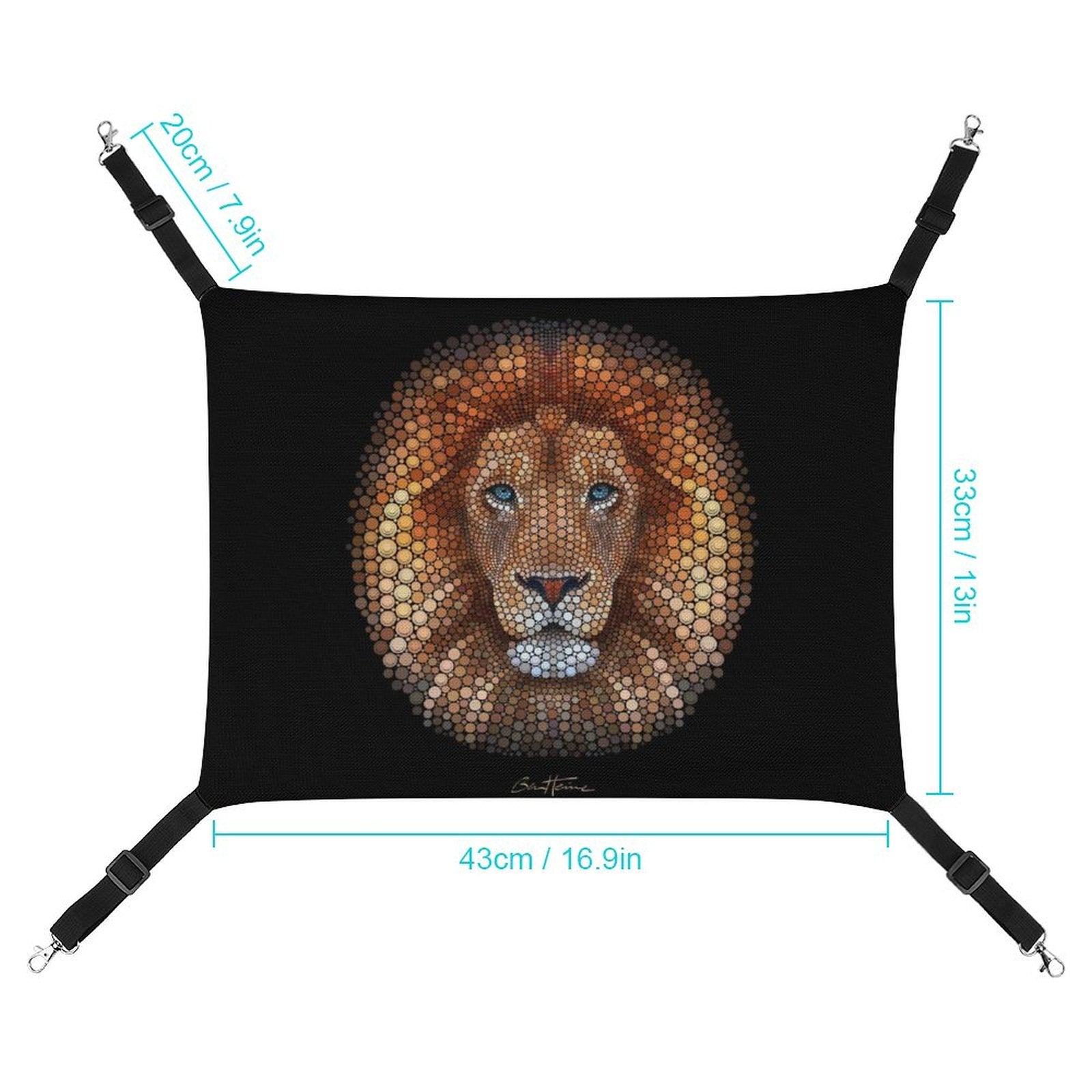 Pet hammock with mosaic lion face, adjustable straps and metal hooks for cats, small dogs, and rabbits