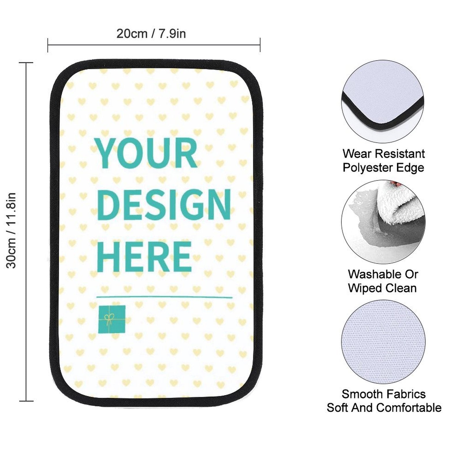 Personalized car armrest cushion featuring 'YOUR DESIGN HERE', neoprene material, suitable for various car models.