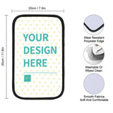 Personalized car armrest cushion featuring 'YOUR DESIGN HERE', neoprene material, suitable for various car models.