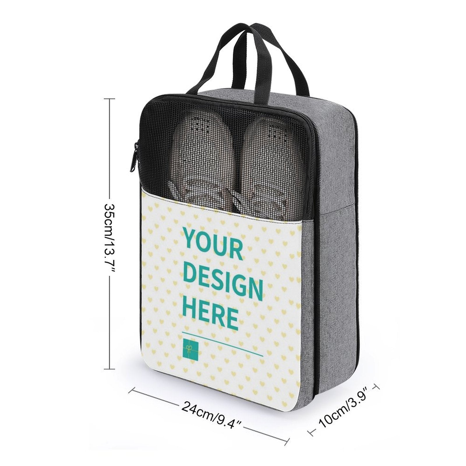 Personalized grey travel shoe bag with 'YOUR DESIGN HERE' text, snowflake fabric. Features handle and mesh window.