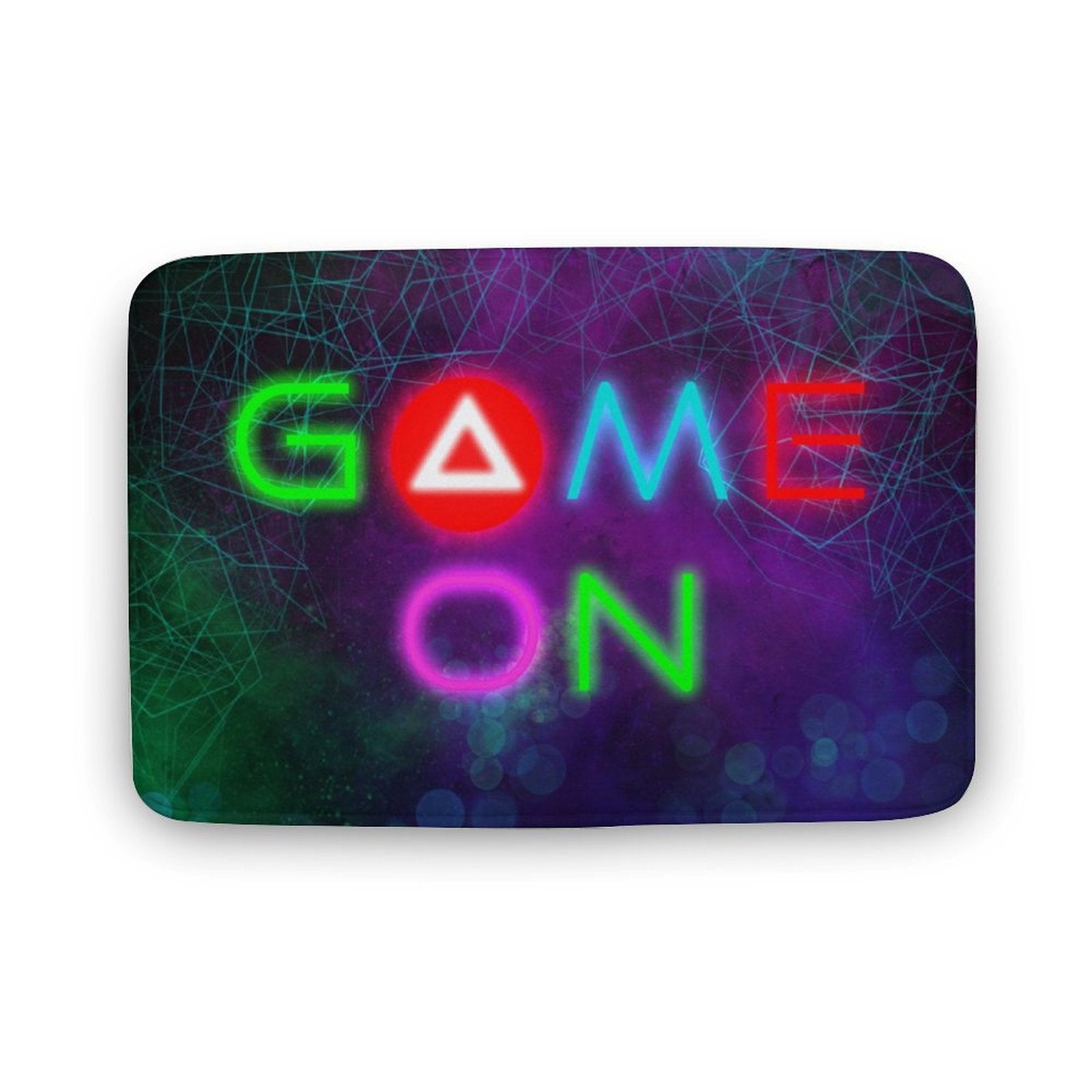 Coral velvet bath rug with 'GAME ON' neon sign, non-slip and quick-drying for bathroom and bedroom.