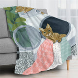 Laundry Cats Flannel Blanket for Sofa Couch Bed, cat design with washing machine elements. Made in USA, soft polyester.
