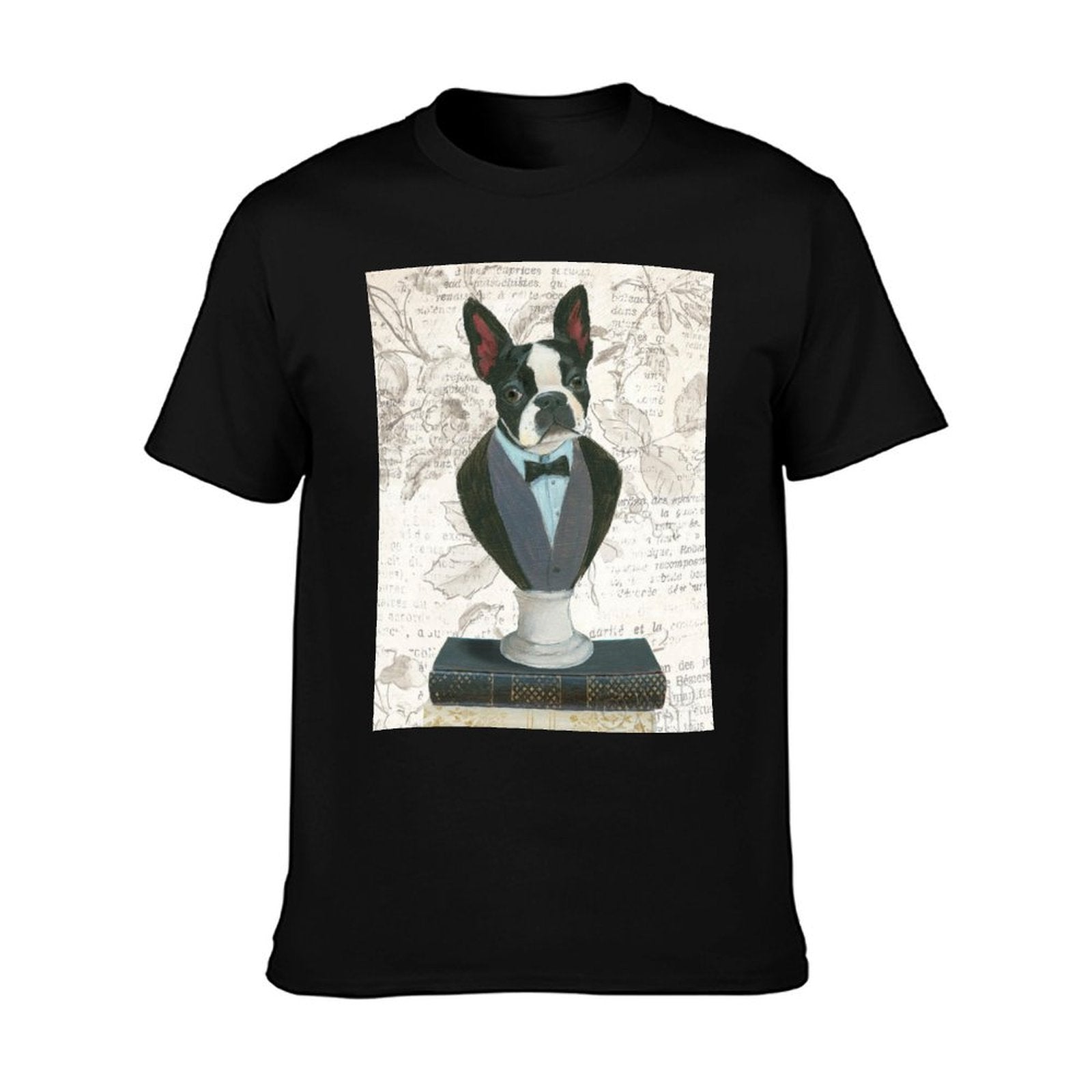 Black cotton t-shirt with Boston Terrier in tuxedo, Canine Couture, made in USA