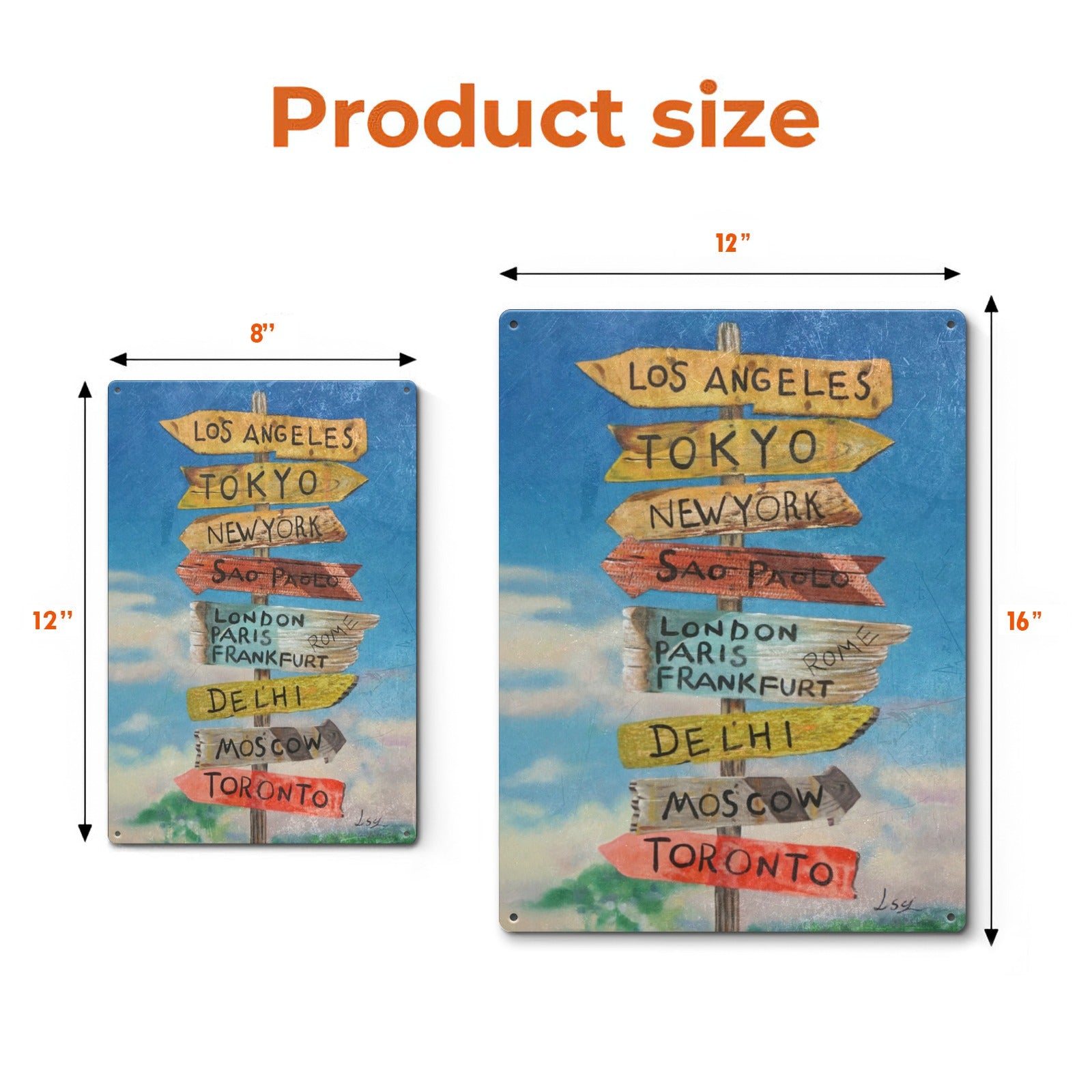 Metal tourist sign wall decor featuring Los Angeles and other cities, with product size details. Rustic tin wall art.