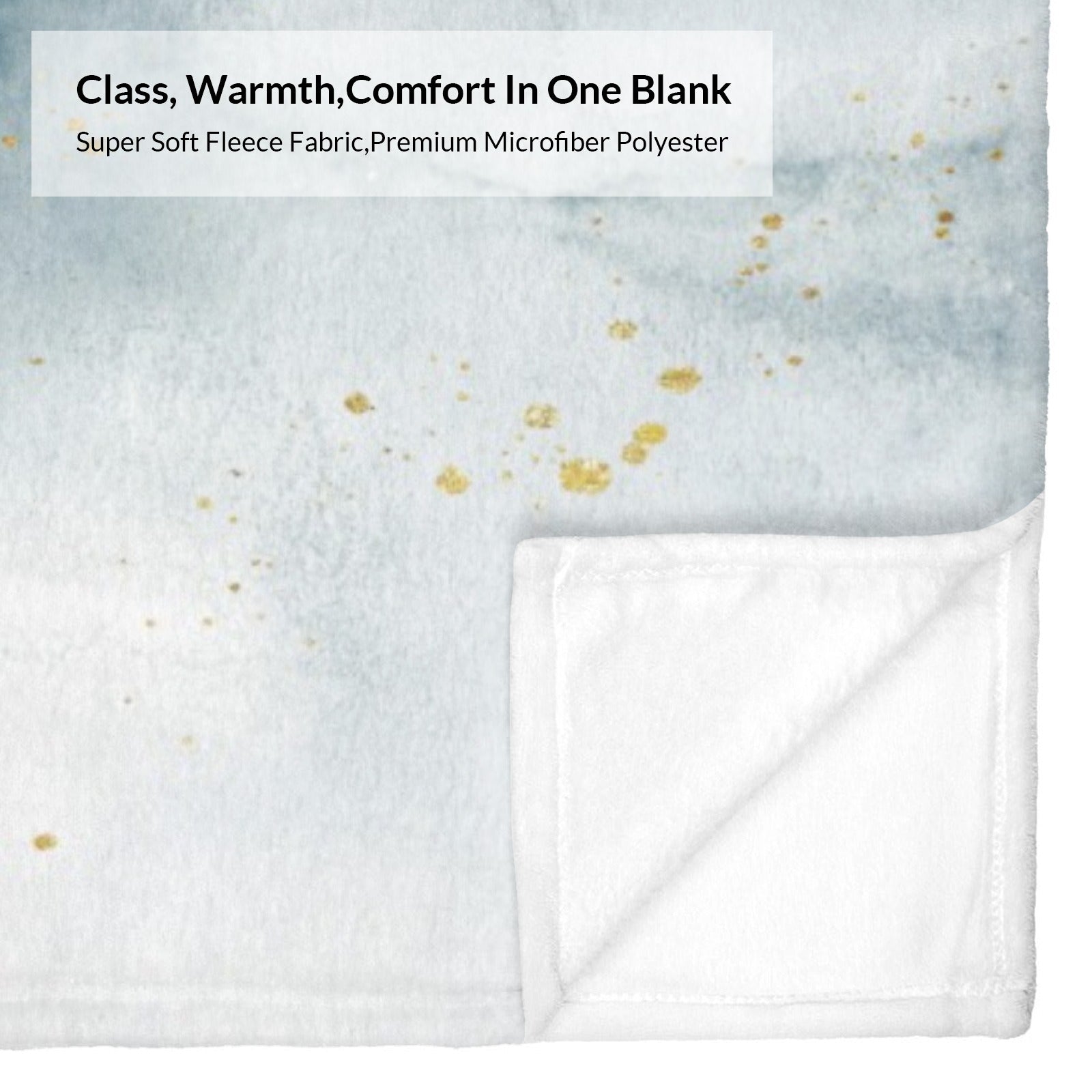 Blue abstract flow blanket with gold accents, soft fleece material.