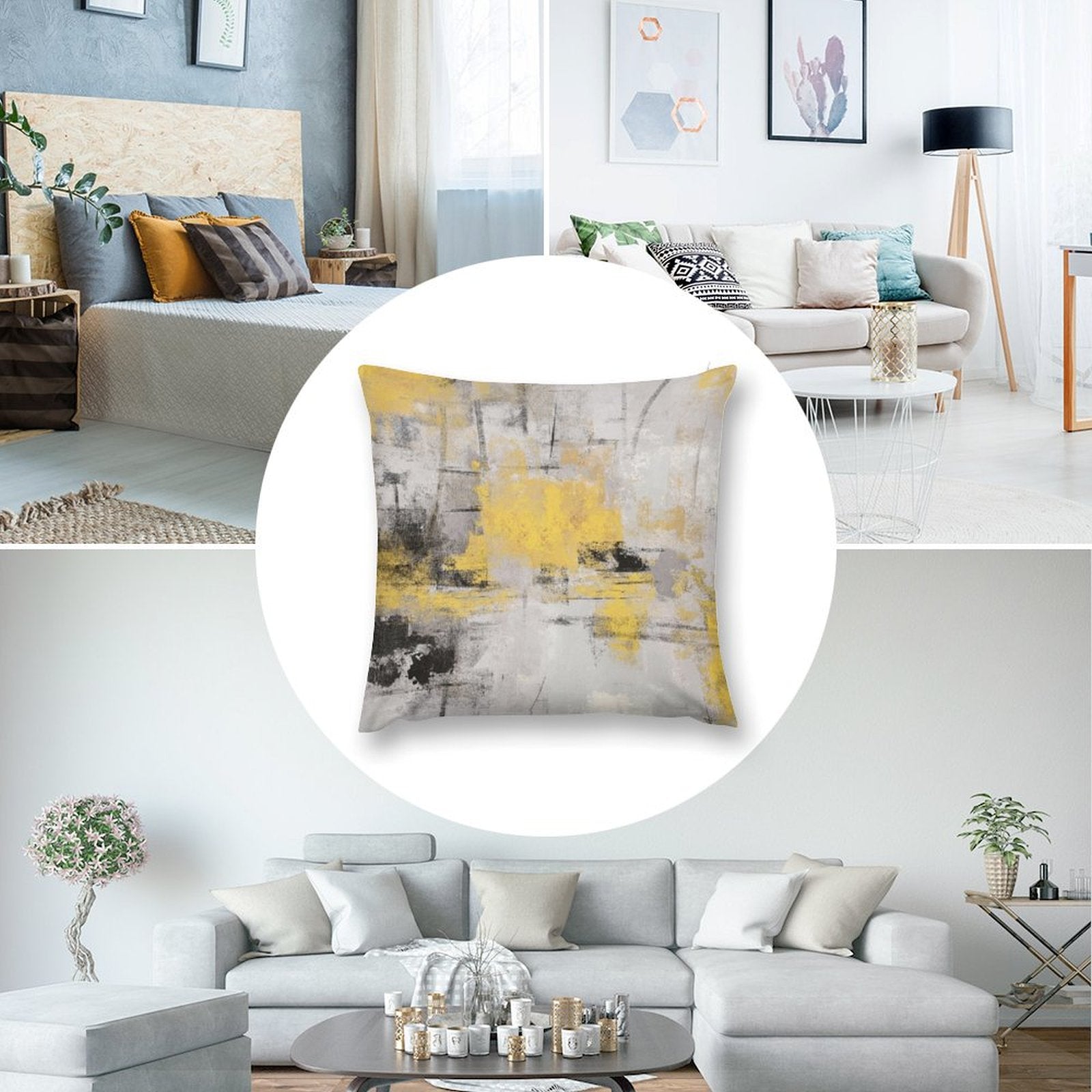 Abstract throw pillow cover in yellow, gray, and black brushstrokes, soft plush material for sofa. MyArtsyGift.