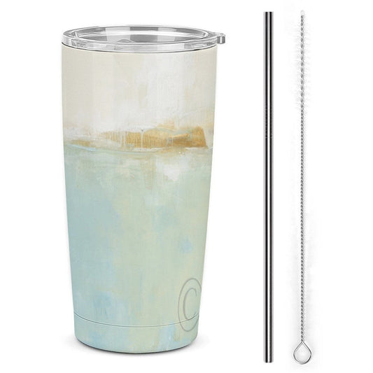 Stainless steel coffee tumbler with abstract art design, travel mug, and metal straw.