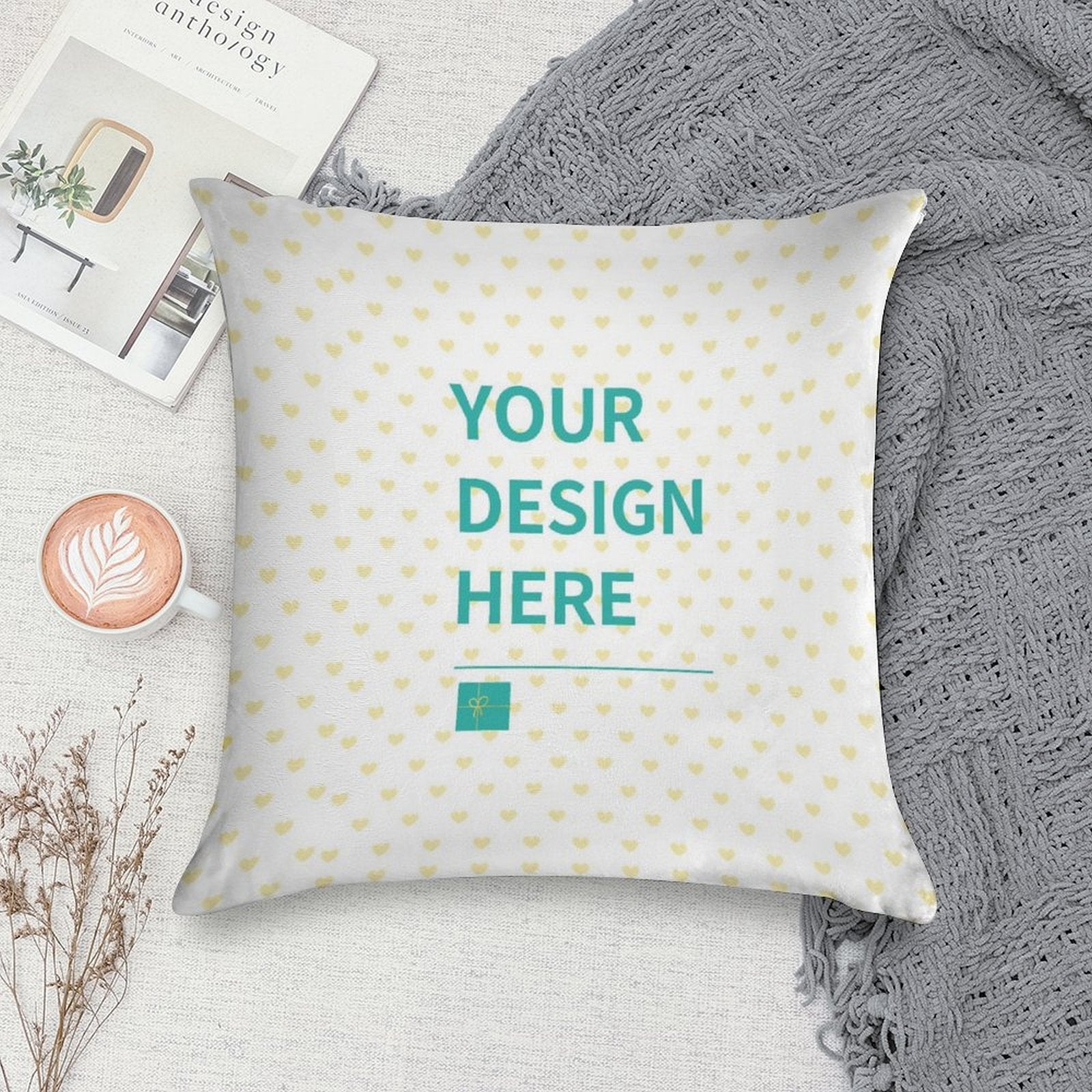 Custom super soft throw pillow case with personalized design, 'Your Design Here', perfect for living room decor, made in USA.