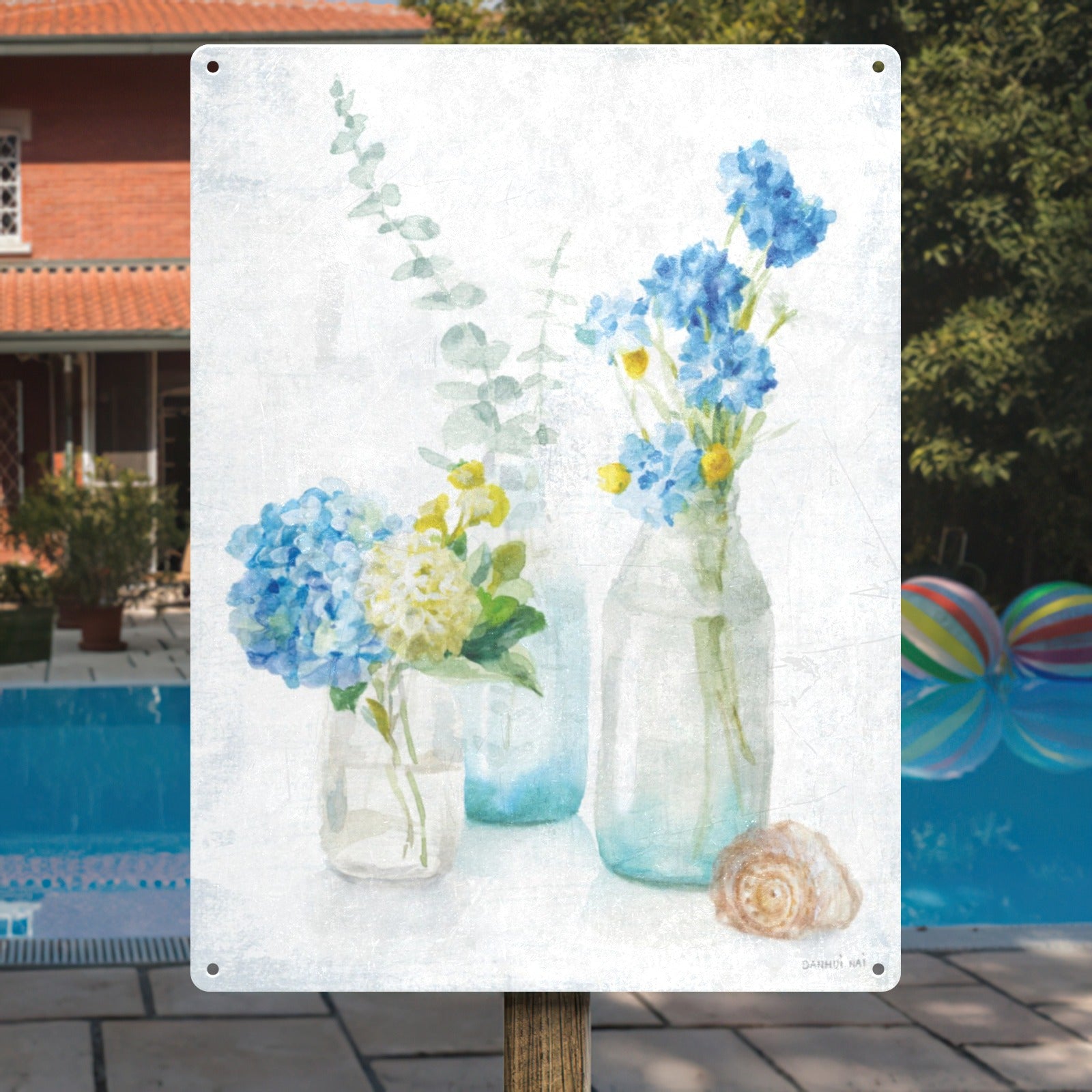 Beach Cottage Florals III metal sign featuring blue hydrangea flowers in glass jars; metal wall art.