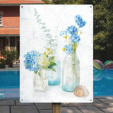 Beach Cottage Florals III metal sign featuring blue hydrangea flowers in glass jars; metal wall art.