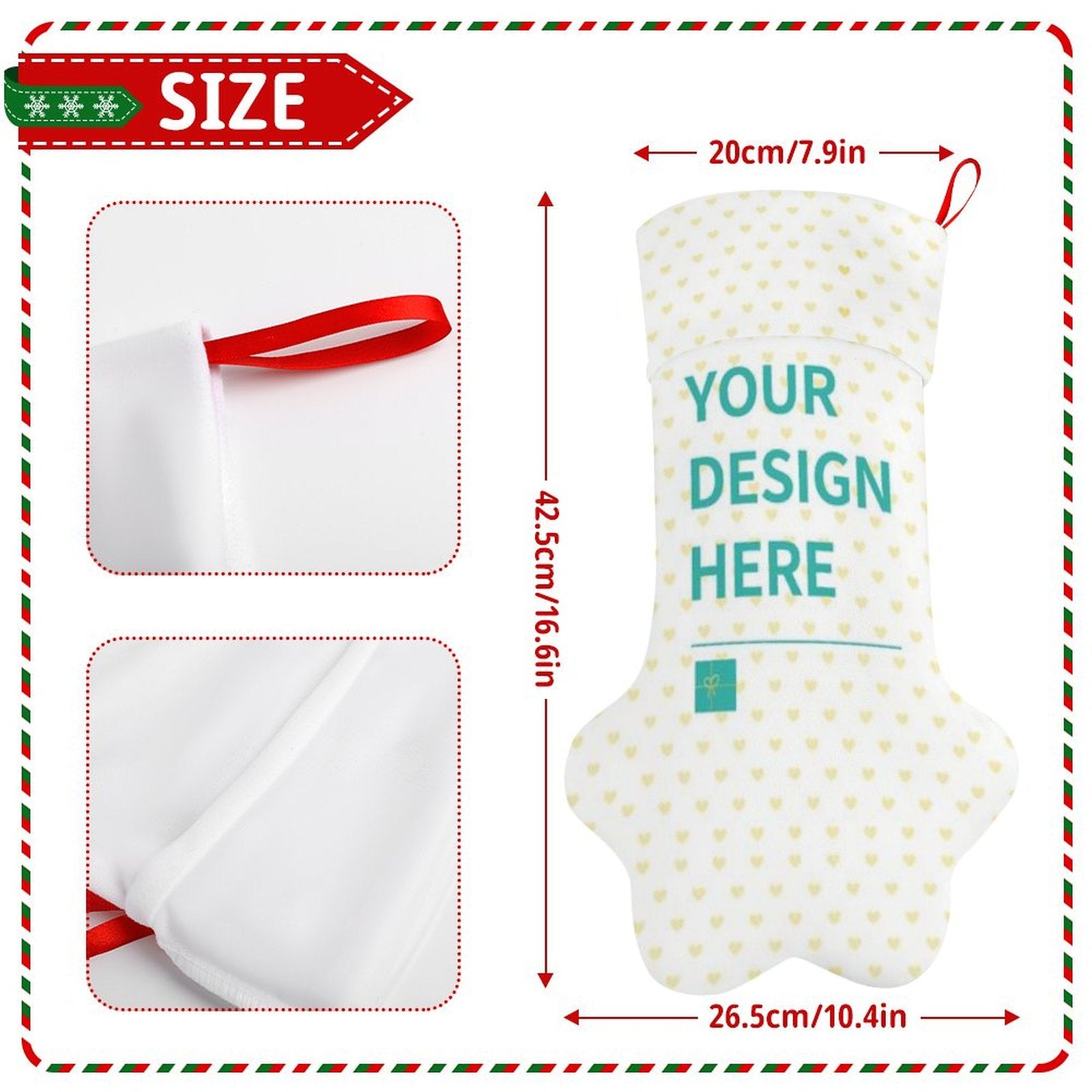Customizable Christmas stocking in a dog paw shape. Personalized design on white polyester fabric.