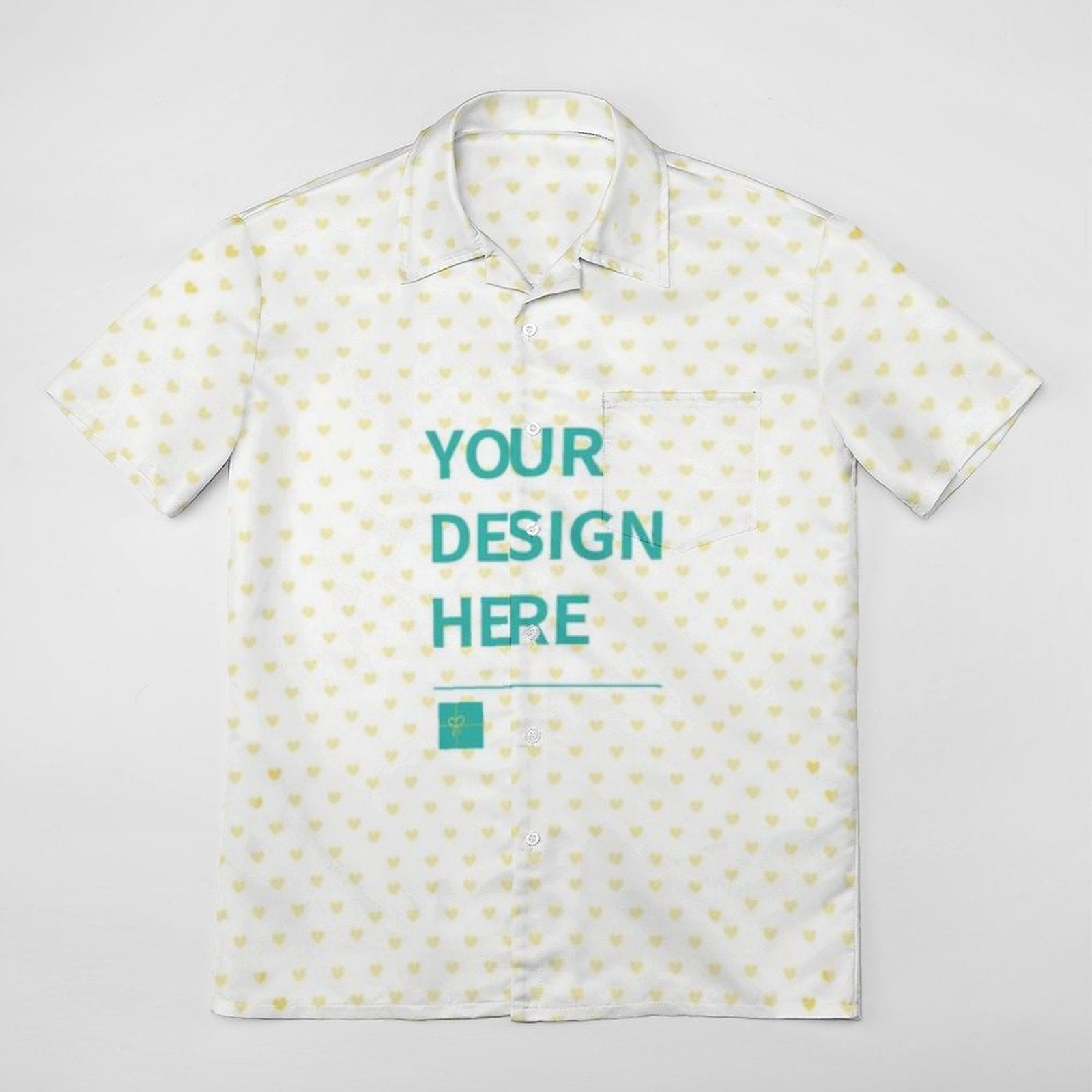 Custom men's short sleeve shirt, "YOUR DESIGN HERE" print, white with heart pattern, summer polyester shirt