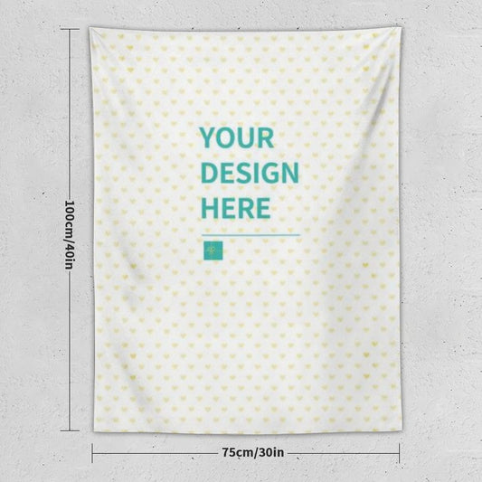 Customizable wall tapestry with heart pattern and "YOUR DESIGN HERE" text, perfect for personalized home decor.