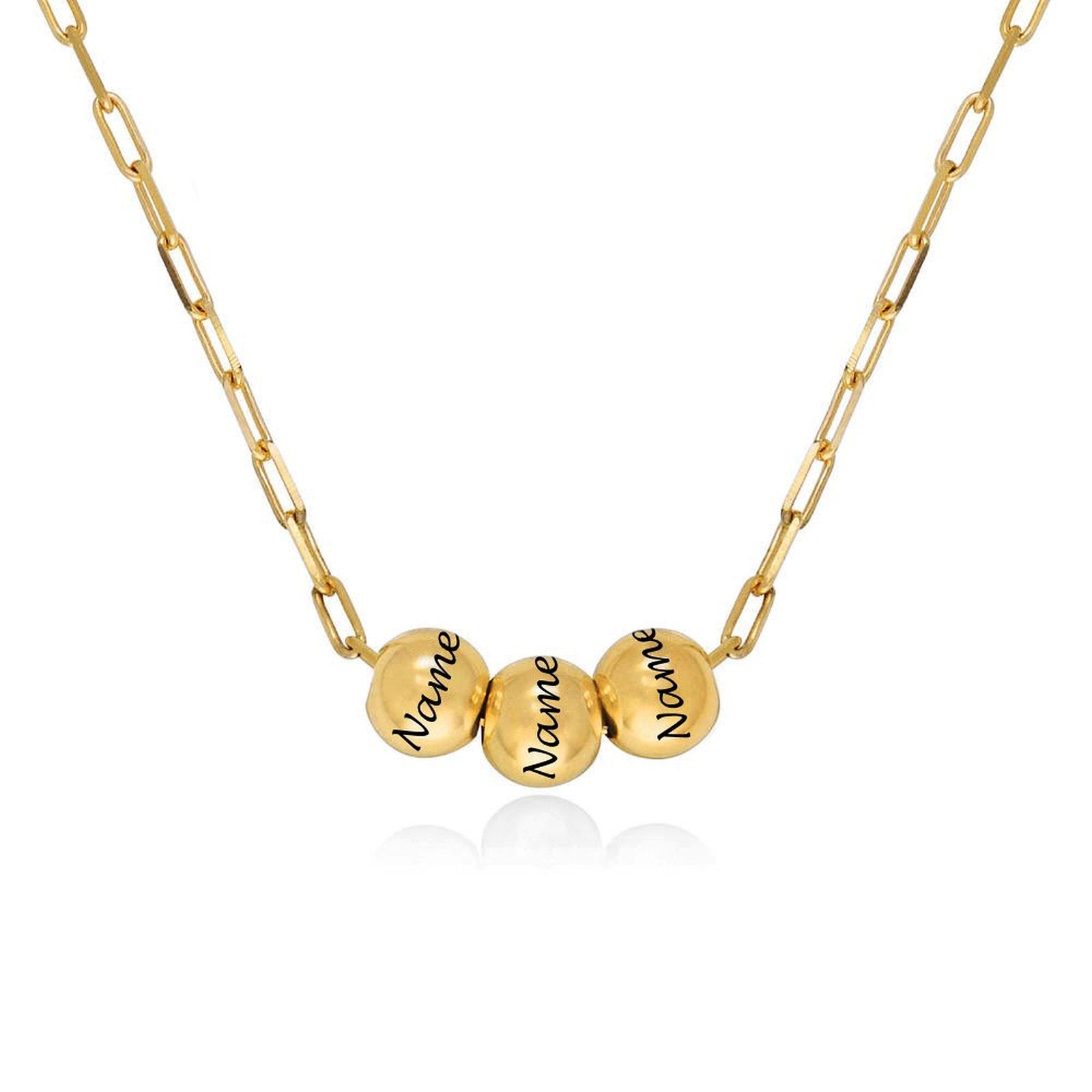 Gold Custom Name Necklace with three engraved beads, personalized jewelry for men and women