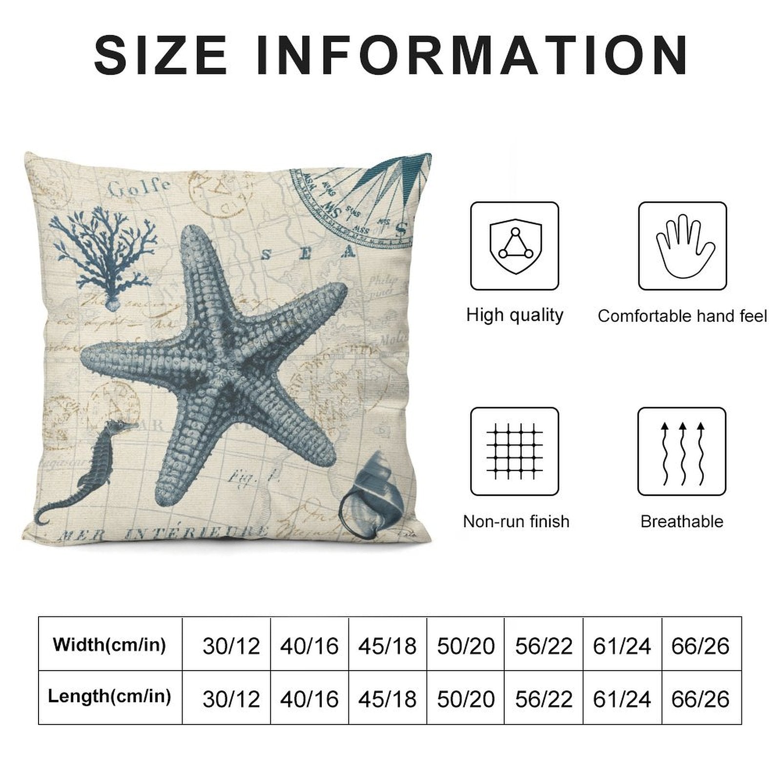 Plush pillow cover with starfish design and vintage map. High quality, soft, and breathable. Multiple sizes available.