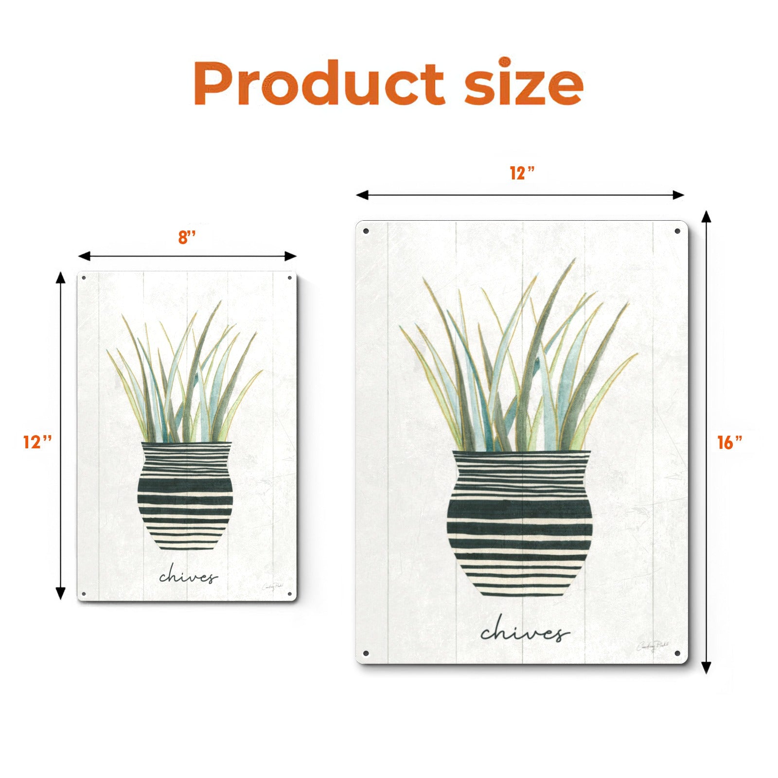 Herb Garden VI Metal Sign product sizes: 8x12 and 12x16 inch, featuring chives illustration, perfect for home decor.