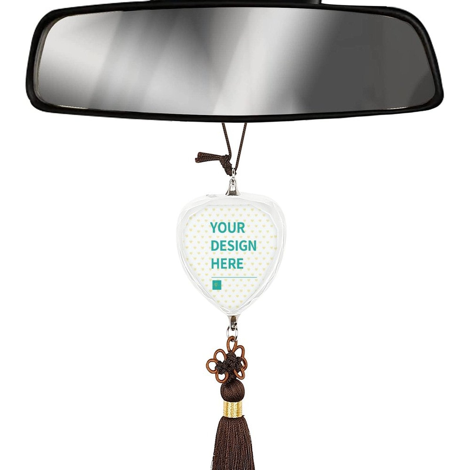 Customizable glass heart car pendant with "YOUR DESIGN HERE", Chinese knot, and tassel; car accessories for women and man.