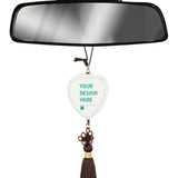 Customizable glass heart car pendant with "YOUR DESIGN HERE", Chinese knot, and tassel; car accessories for women and man.