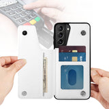 White PU leather Samsung Galaxy S21 phone case with card slots and credit card, perfect for easy payments.