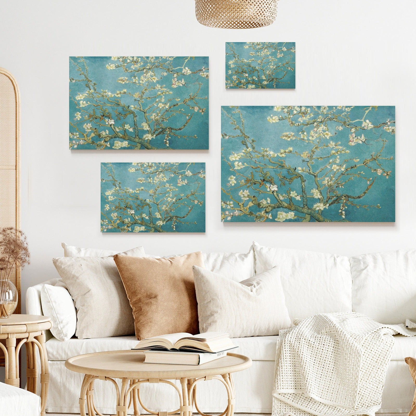Van Gogh Almond Blossom canvas prints wall art. Teal background, white flowers on a modern living room wall decor.