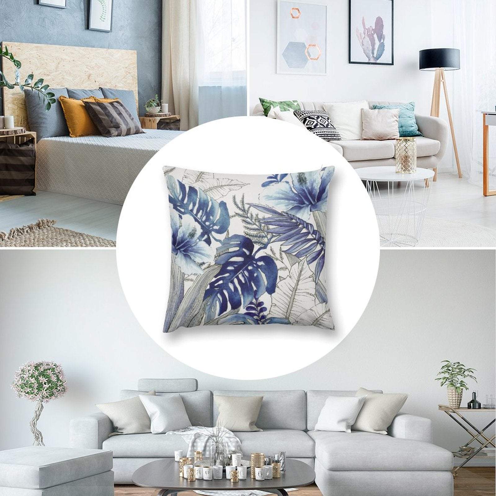 Blue tropical leaf plush pillow cover on sofa or couch, decorative soft fluffy design for living room, from MyArtsyGift