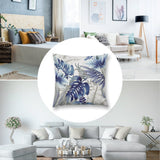 Blue tropical leaf throw pillow cover on sofa, soft plush material for living room decor, MyArtsyGift