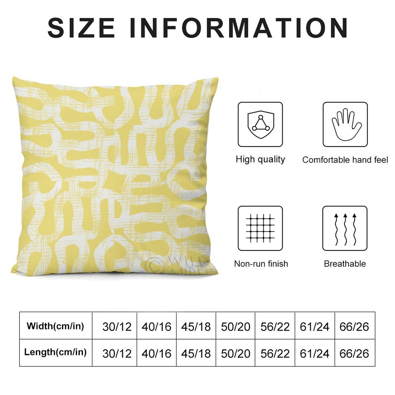Yellow abstract pattern plush throw pillow cover with size chart, high quality and breathable for living room, bedroom