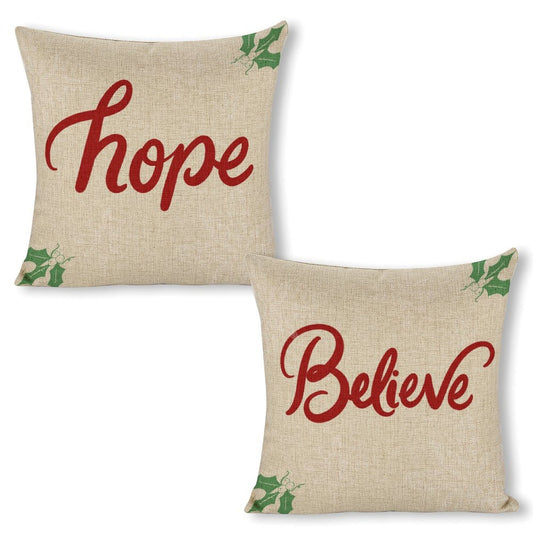 Christmas Pillow Covers 18x18, Linen Square Cushion Case with Hope and Believe Text