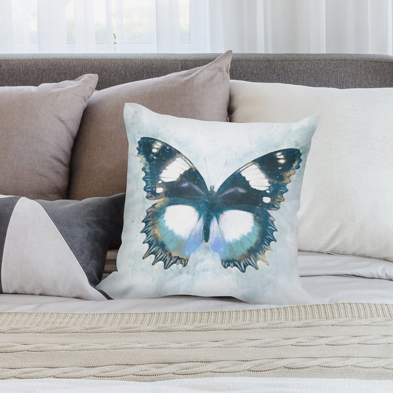 Blue butterfly art plush throw pillow cover, soft short plush fabric, decorative home accent