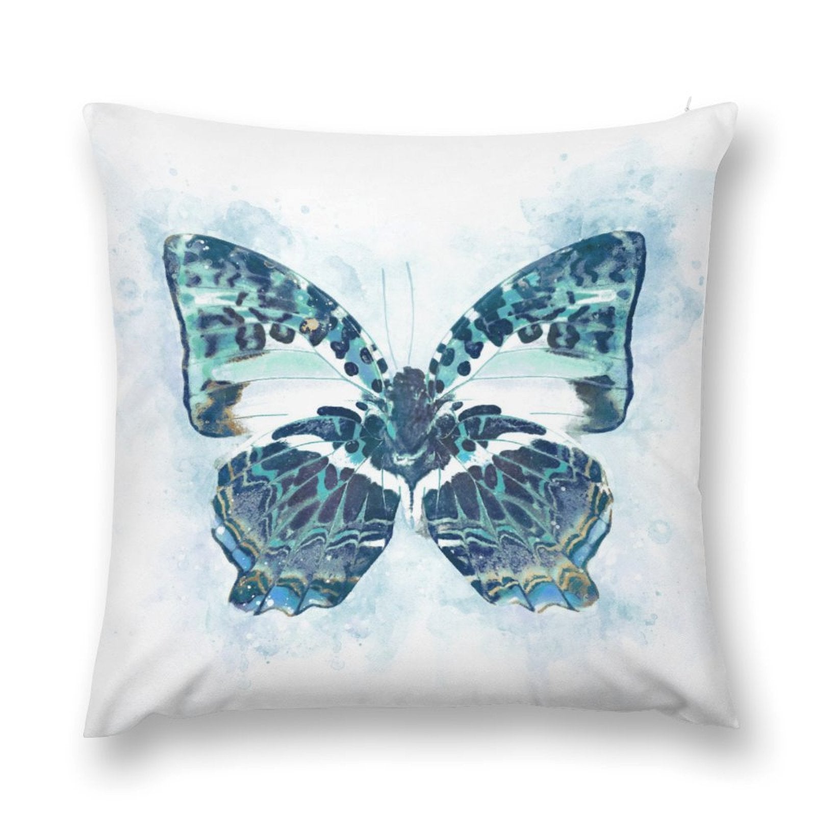Blue butterfly decorative pillow cover on white background, luxury soft plush