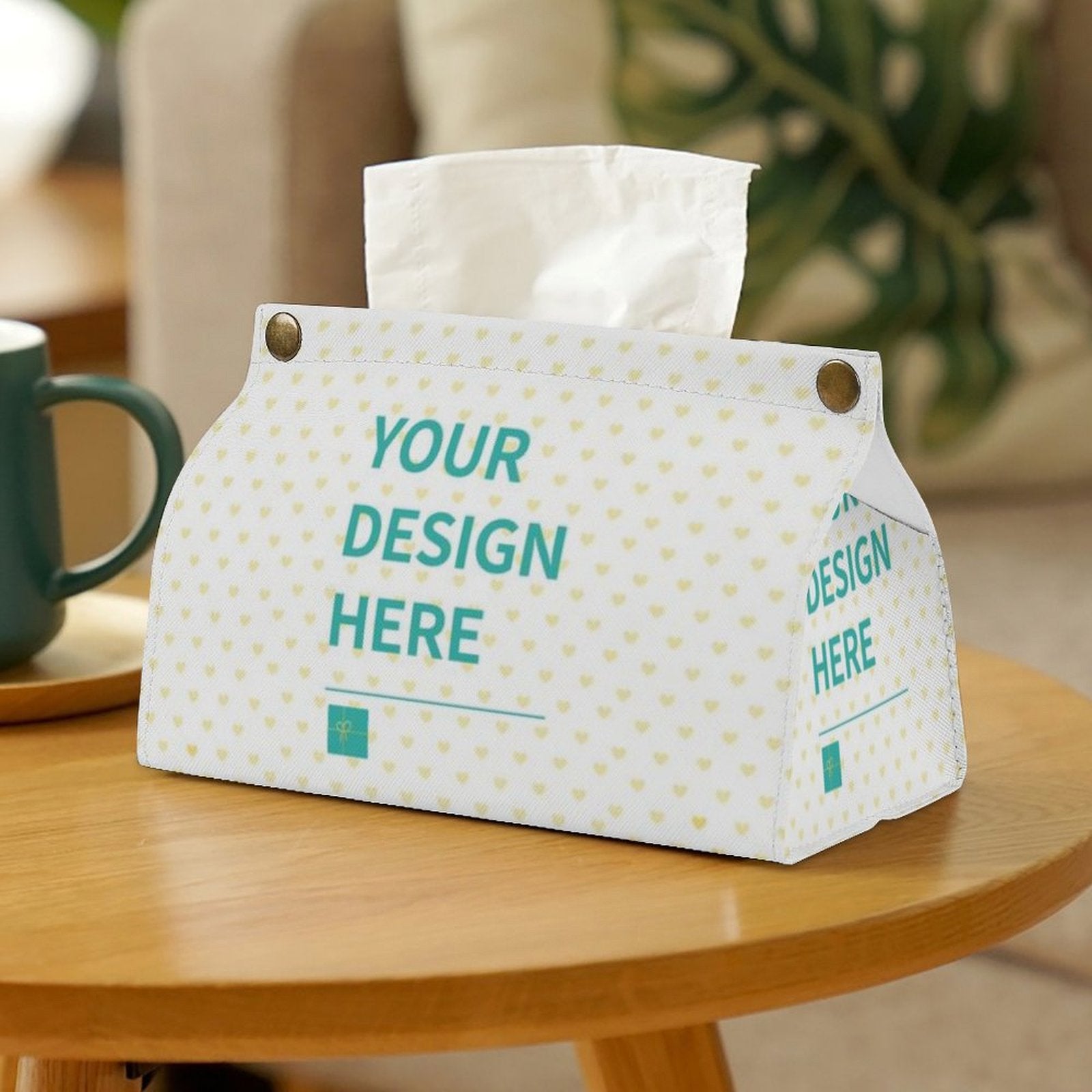Custom PU tissue box cover with "YOUR DESIGN HERE" text and heart pattern, perfect for home or office use.