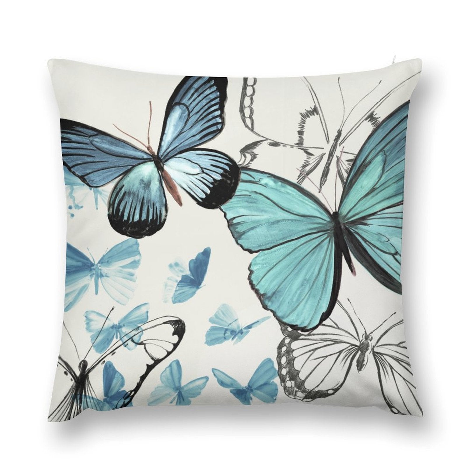 Plush pillow cover with blue butterfly design, soft and fluffy decorative pillow for sofa or couch.