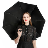 Woman holding a black 3-fold umbrella, UV resistant and waterproof gift idea