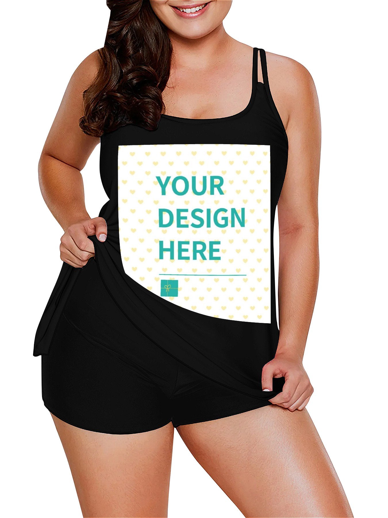 Customizable black tankini swimsuit with "YOUR DESIGN HERE", perfect for beaches and vacations.