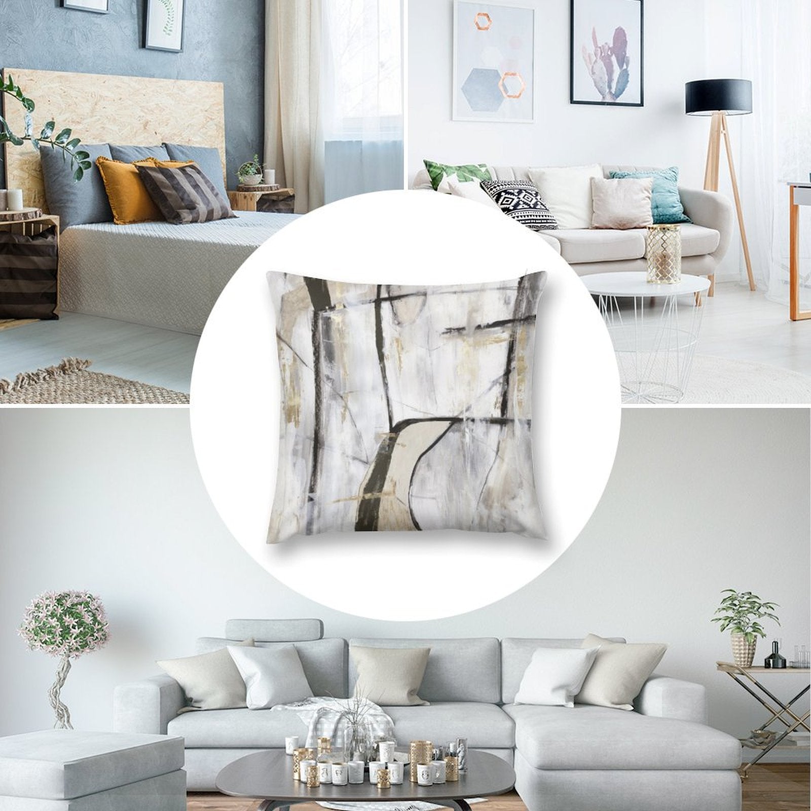 Abstract art plush throw pillow cover in white, gold, and black. Decorative pillow for sofa or couch.