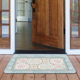 Blue floral door mat with desert design at a wooden door entrance for indoor and outdoor use