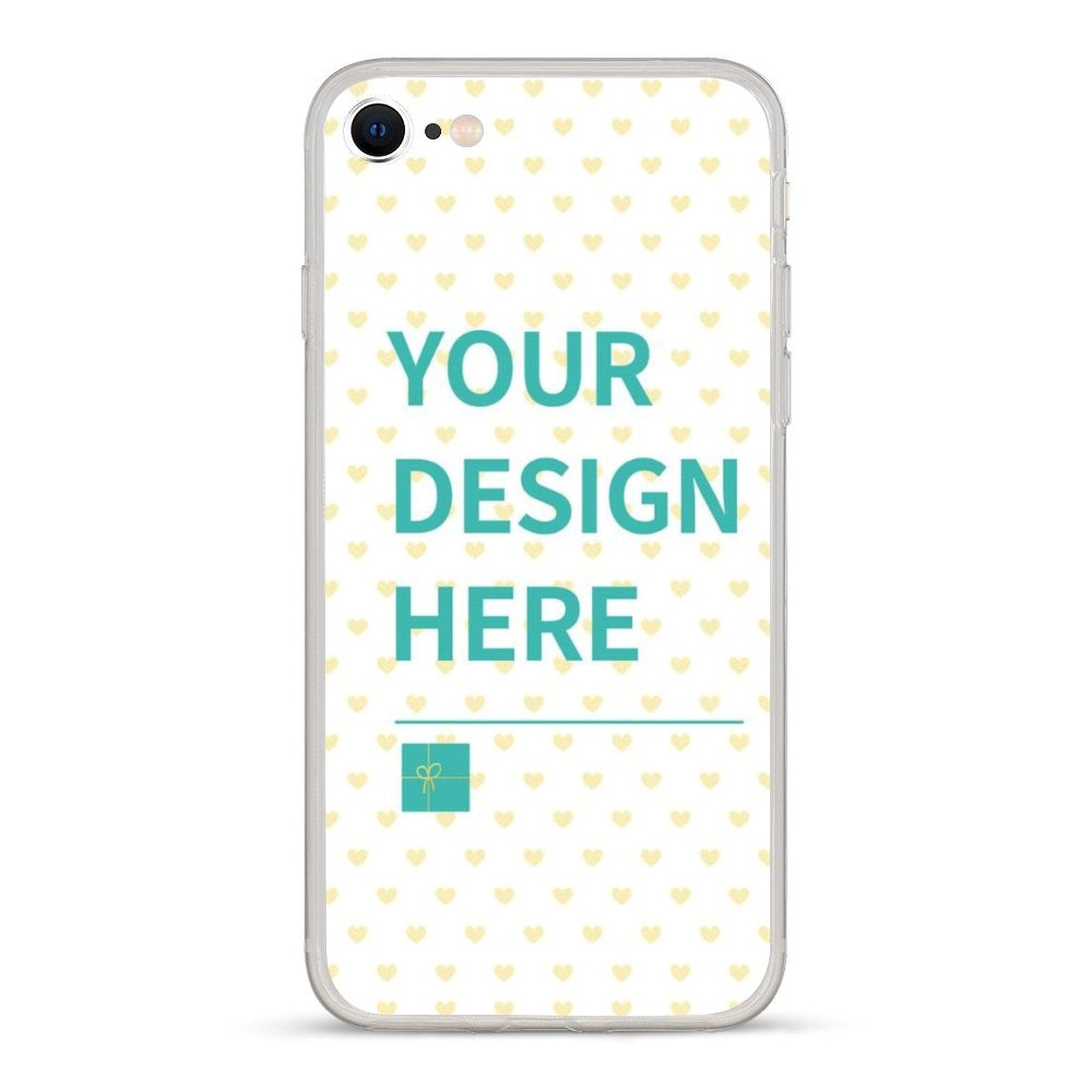 Custom iPhone SE case with 'YOUR DESIGN HERE' text, heart pattern, black TPU, personalized gift from MyArtsyGift