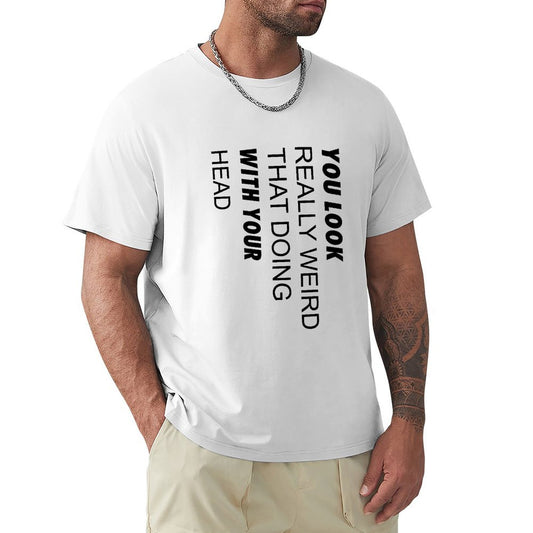 Men's white short sleeve crew neck t-shirt with printed text. Perfect for expressing individuality and self-expression.