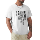 Men's white short sleeve crew neck t-shirt with printed text. Perfect for expressing individuality and self-expression.