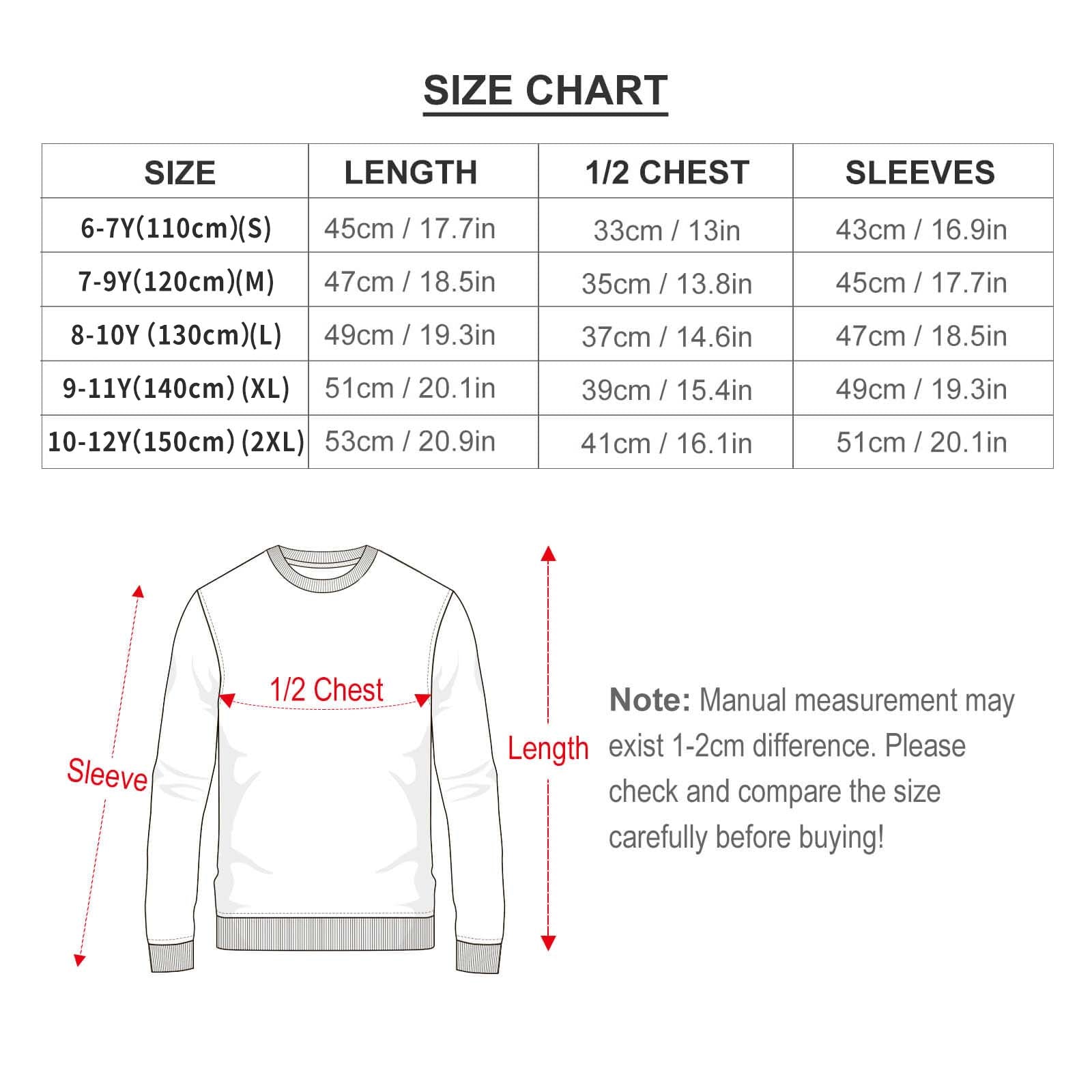 Size chart for youth hoodies. Includes sizes, length, chest, and sleeve measurements to help buyers choose the right fit.