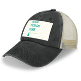 Customizable black cotton baseball cap with 'YOUR DESIGN HERE' text and mesh back, personalized hats for men and women