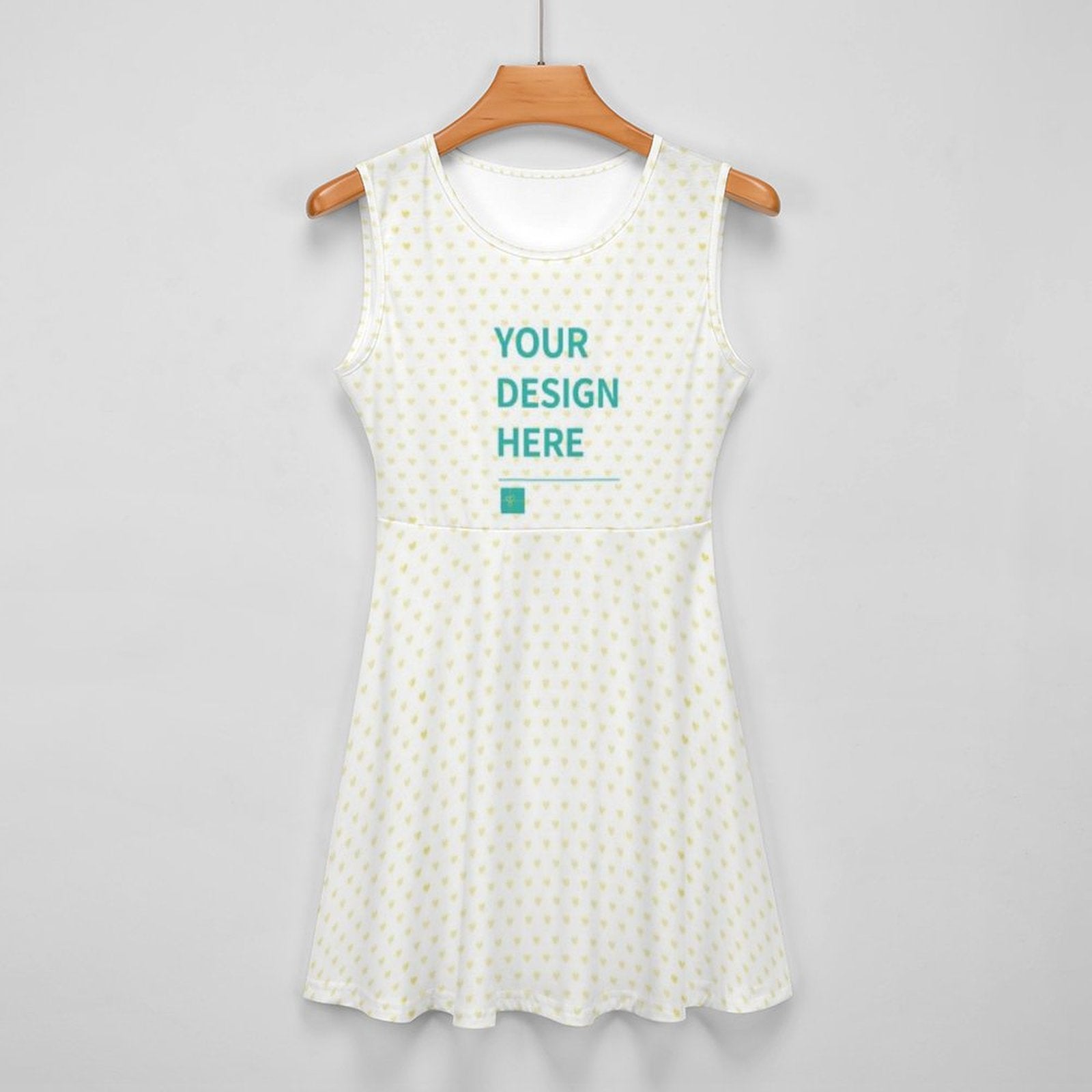 Custom Cheerleader Uniform - White dress with heart pattern and 'YOUR DESIGN HERE' text, perfect for cheerleading teams.